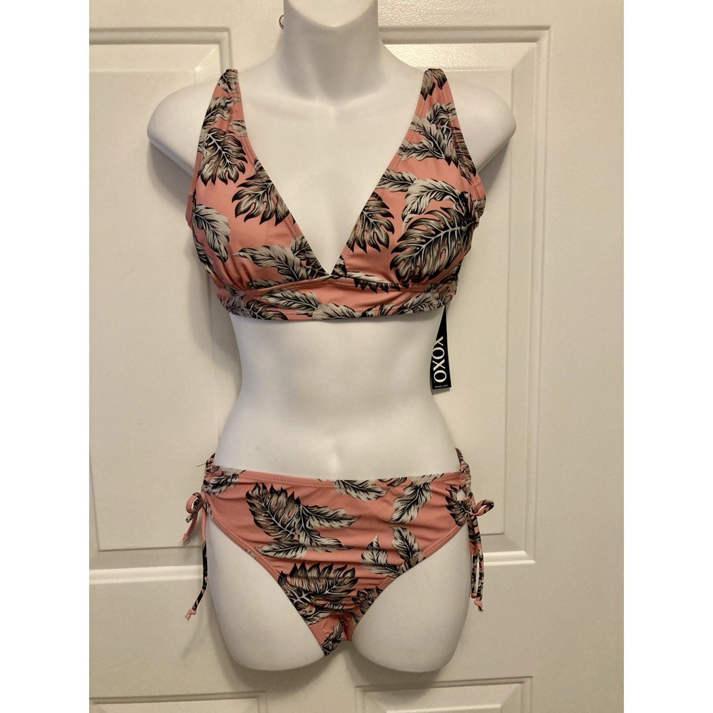 NWT XOXO 2 Piece Pink Green Monstera Leaf Bikini Women's/Juniors Size Large
